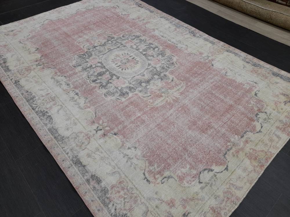 Beige Turkish Distressed Oushak Rug 6' x 8' 9" Hand-Knotted | No. WR48162