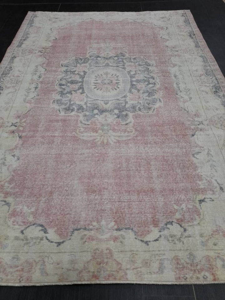 Beige Turkish Distressed Oushak Rug 6' x 8' 9" Hand-Knotted | No. WR48162