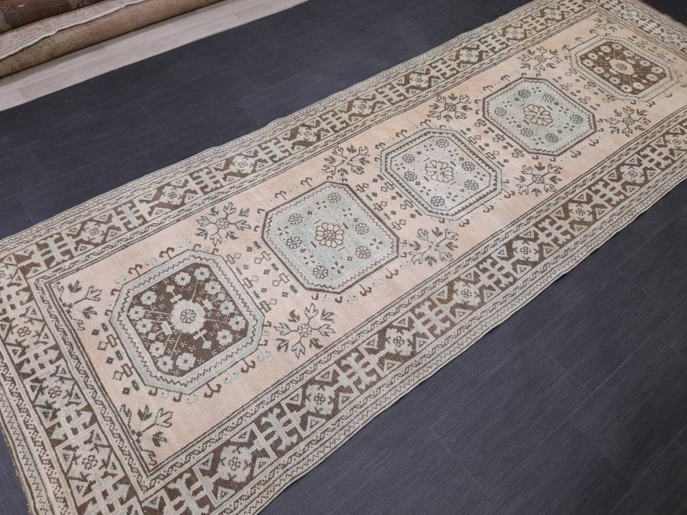 Beige Turkish Runner Rug 4' 4" x 12' 2" Hand-Knotted