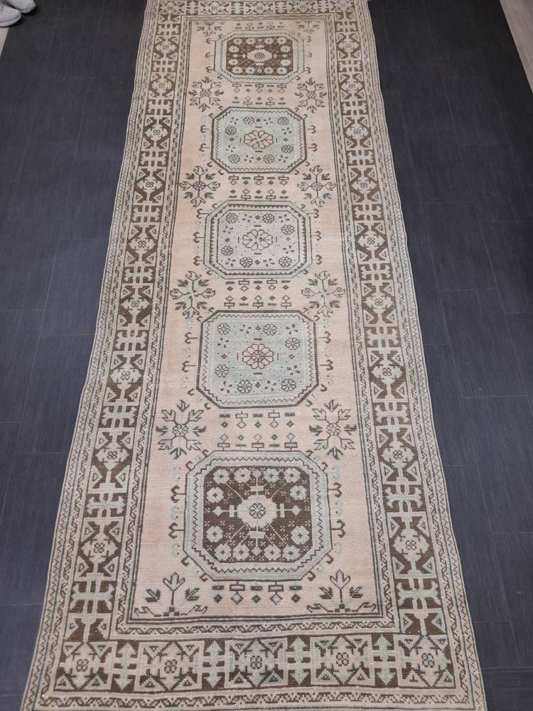 Beige Turkish Runner Rug 4' 4" x 12' 2" Hand-Knotted close-up