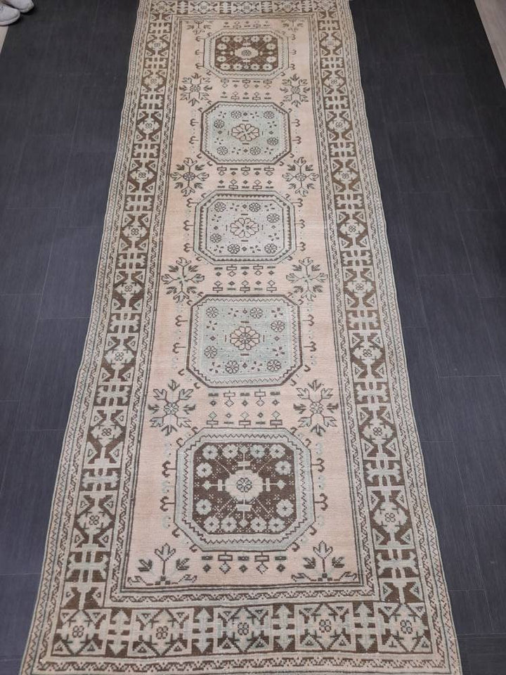 Beige Turkish Runner Rug 4' 4" x 12' 2" Hand-Knotted close-up
