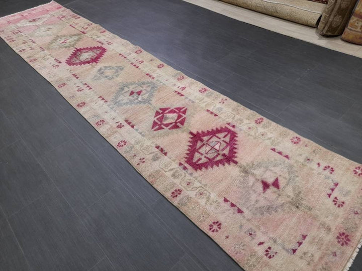 Beige Turkish Runner Rug 2' 7" x 12' 5" Hand-Knotted close-up