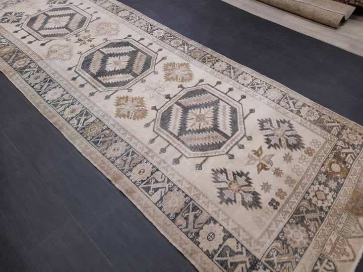 Beige Turkish Runner Rug 4' 7" x 13' 1" Hand-Knotted field