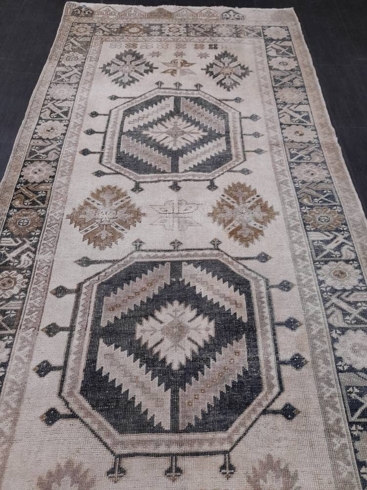 Beige Turkish Runner Rug 4' 7" x 13' 1" Hand-Knotted close-up