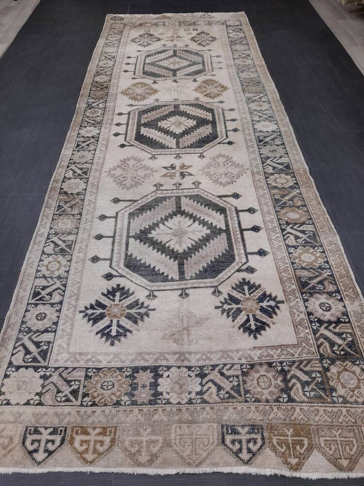 Beige Turkish Runner Rug 4' 7" x 13' 1" Hand-Knotted border