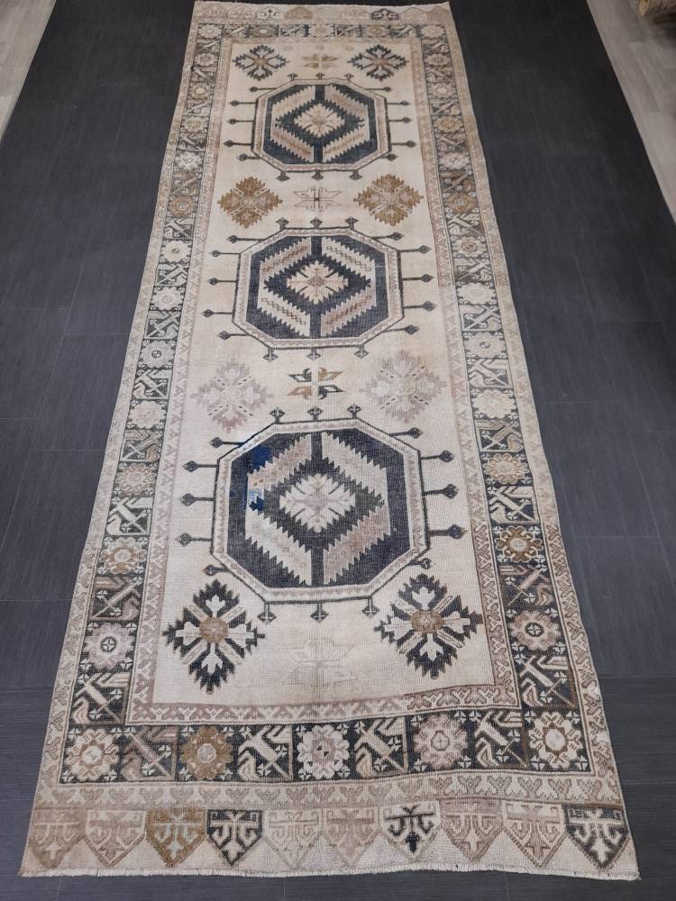 Beige Turkish Runner Rug 4' 7" x 13' 1" Hand-Knotted field