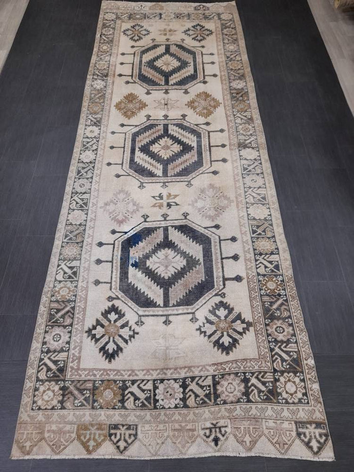 Beige Turkish Runner Rug 4' 7" x 13' 1" Hand-Knotted field