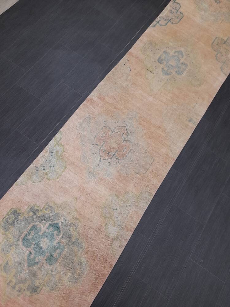 Beige Turkish Runner Rug 2' 7" x 12' 8" Hand-Knotted texture