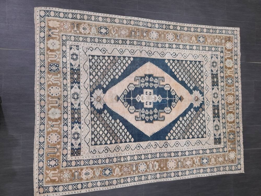 Beige Turkish Oushak Rug 5' 2" x 6' 10" Hand-Knotted reverse