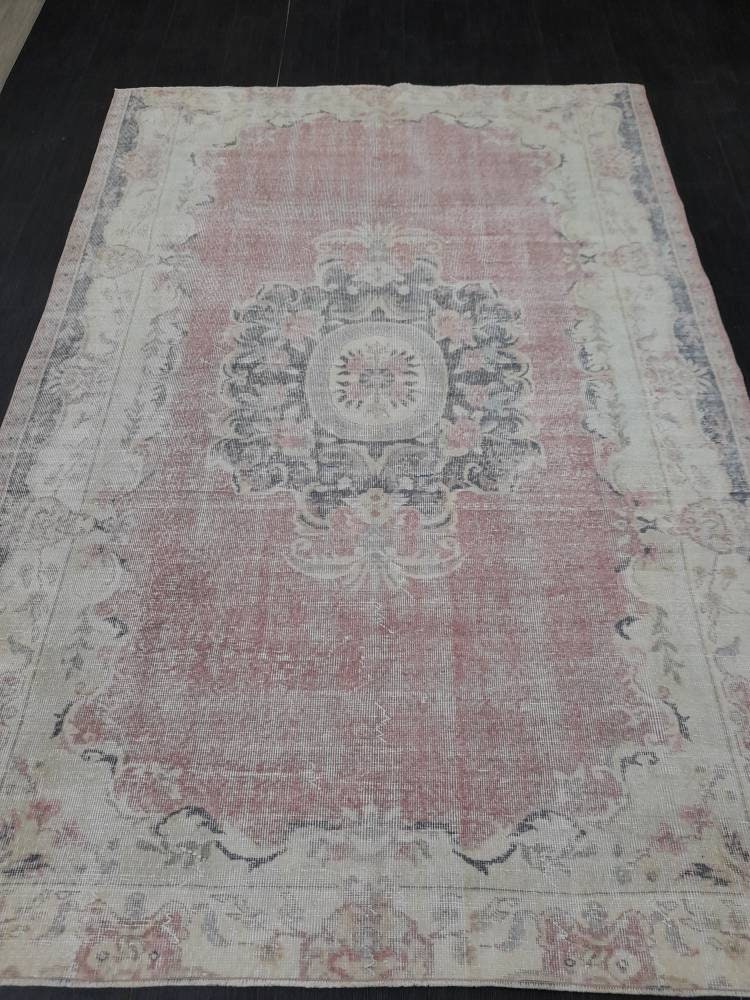Beige Turkish Distressed Oushak Rug 6' x 8' 9" Hand-Knotted | No. WR48162