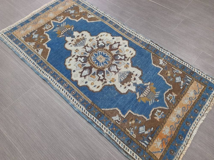 Blue Turkish Oushak Rug 2' x 4' Hand-Knotted | No. WR38565