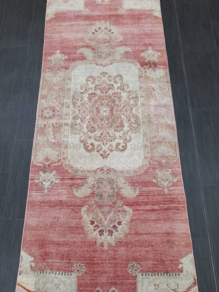 Beige Turkish Runner Rug 3' 1" x 10' 7" Hand-Knotted field
