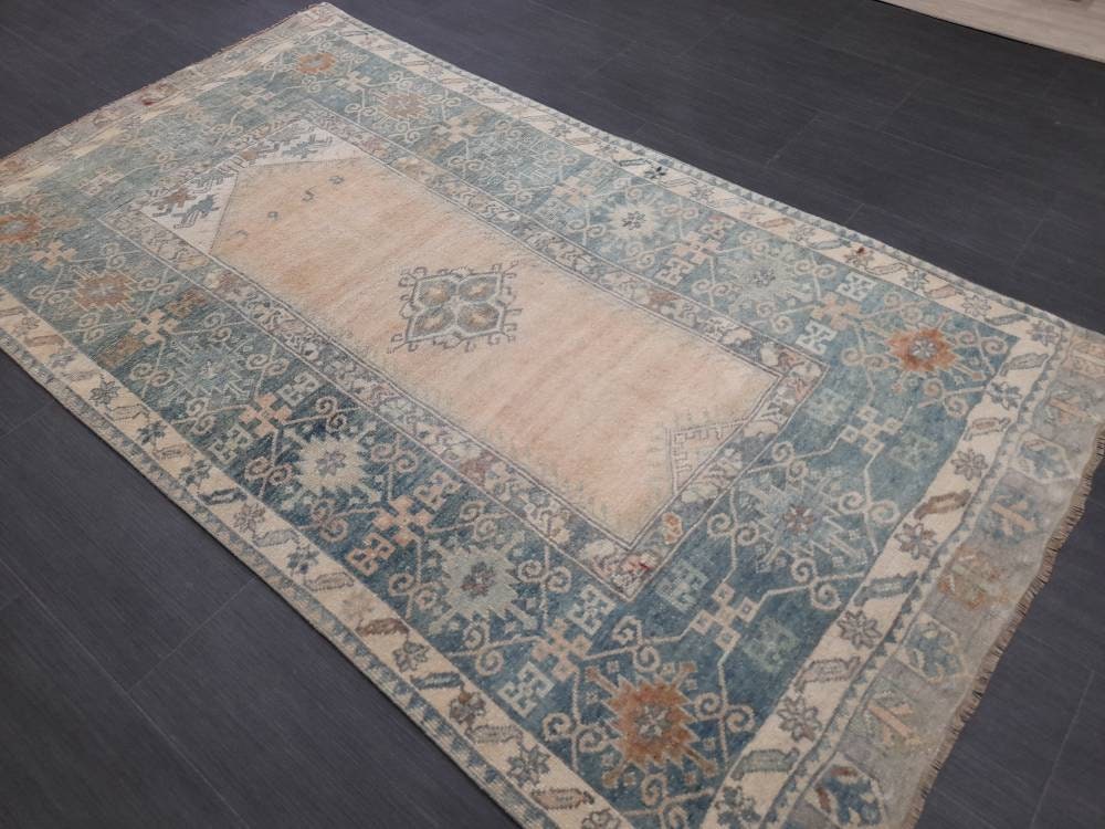 Beige Turkish Oushak Rug 3' 8" x 6' 7" Hand-Knotted