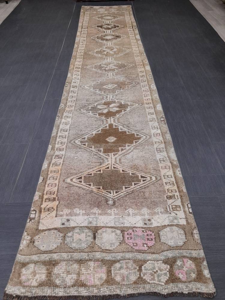 Beige Turkish Runner Rug 2' 8" x 13' 5" Hand-Knotted field