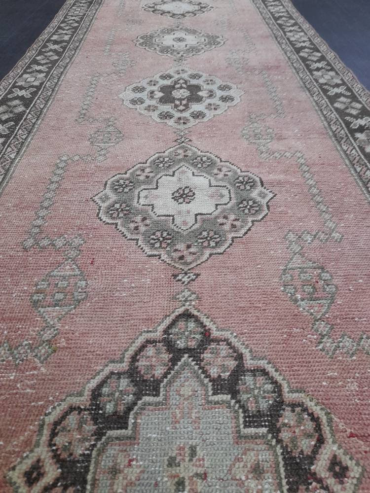Pink Turkish Runner Rug 4' 2" x 11' Hand-Knotted detail