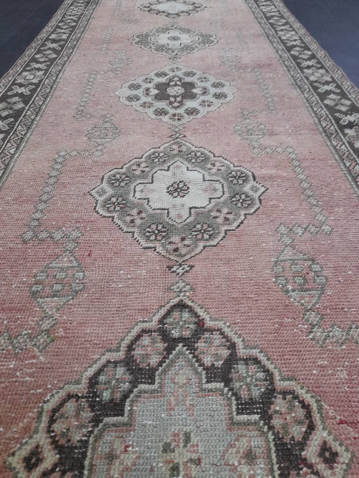 Pink Turkish Runner Rug 4' 2" x 11' Hand-Knotted detail
