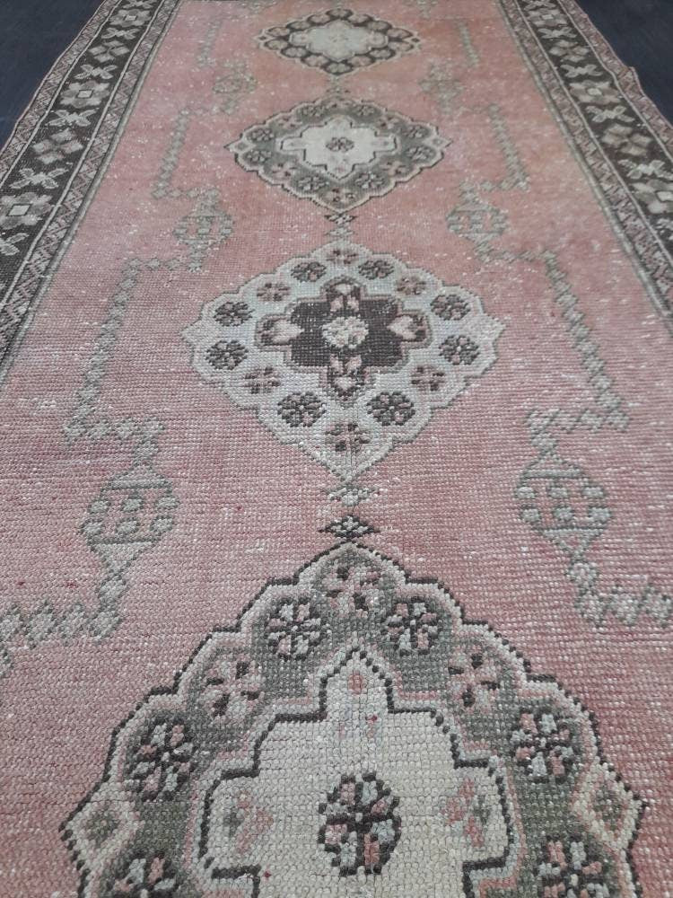 Pink Turkish Runner Rug 4' 2" x 11' Hand-Knotted border