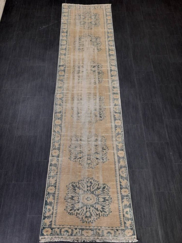Beige Turkish Distressed Runner Rug 2' 7" x 10' 7" Hand-Knotted | No. WR75561
