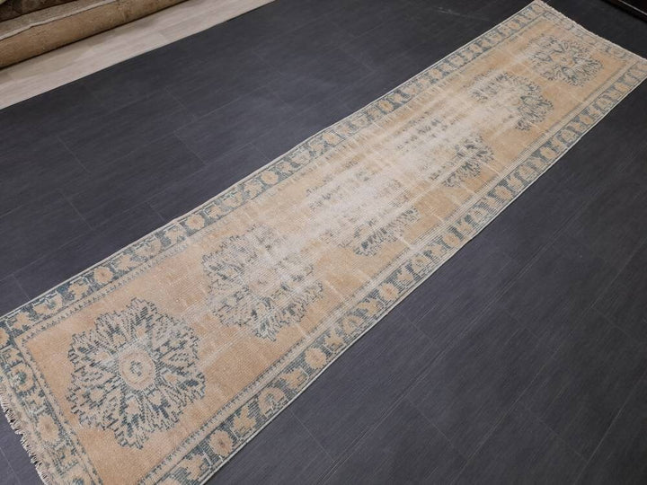 Beige Turkish Distressed Runner Rug 2' 7" x 10' 7" Hand-Knotted | No. WR75561