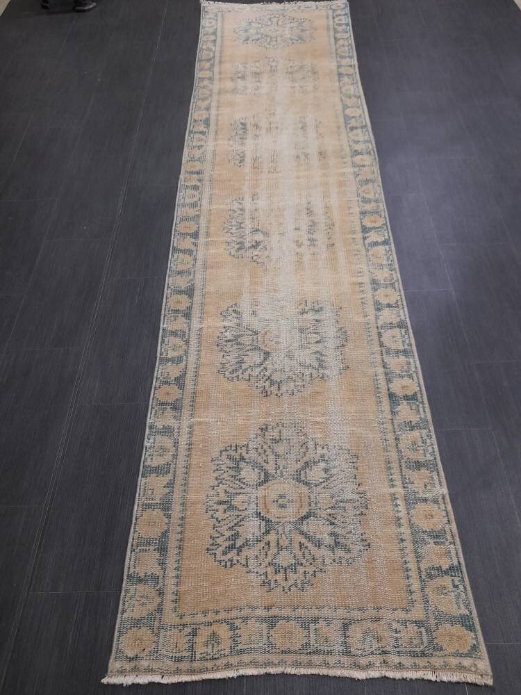 Beige Turkish Distressed Runner Rug 2' 7" x 10' 7" Hand-Knotted | No. WR75561
