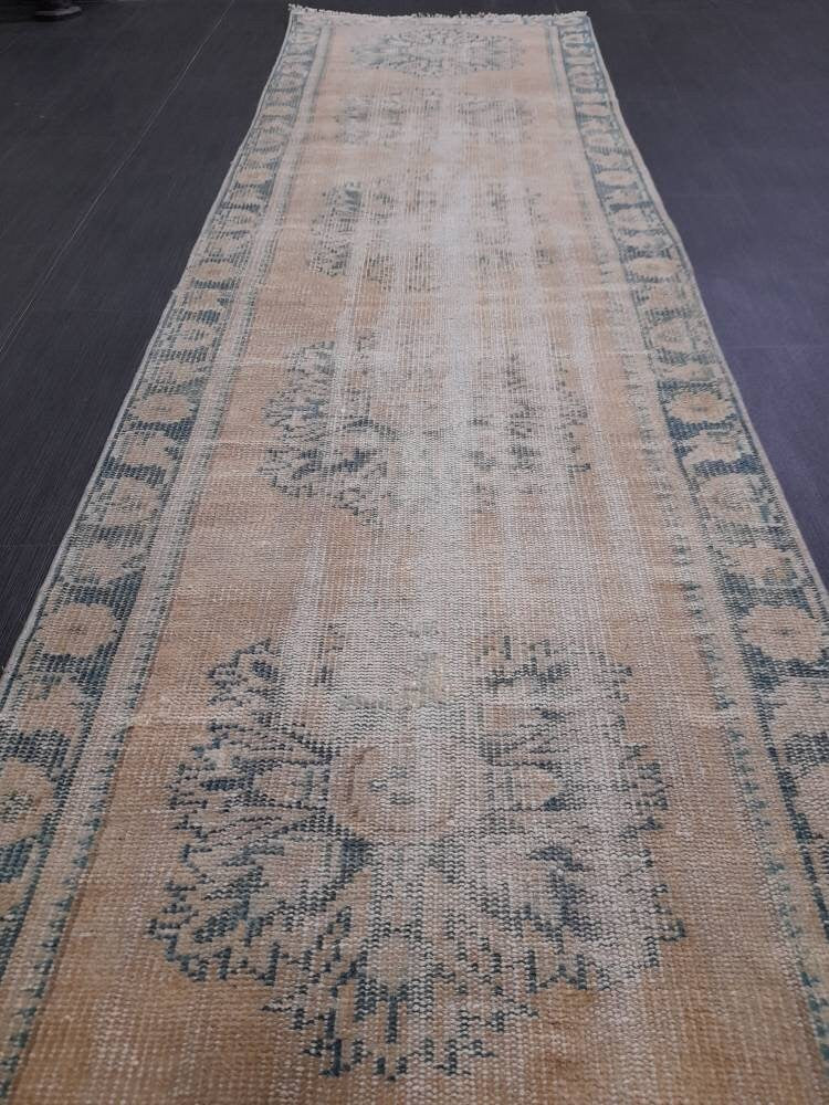 Beige Turkish Distressed Runner Rug 2' 7" x 10' 7" Hand-Knotted | No. WR75561