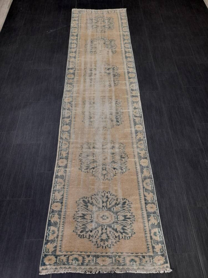 Beige Turkish Distressed Runner Rug 2' 7" x 10' 7" Hand-Knotted | No. WR75561