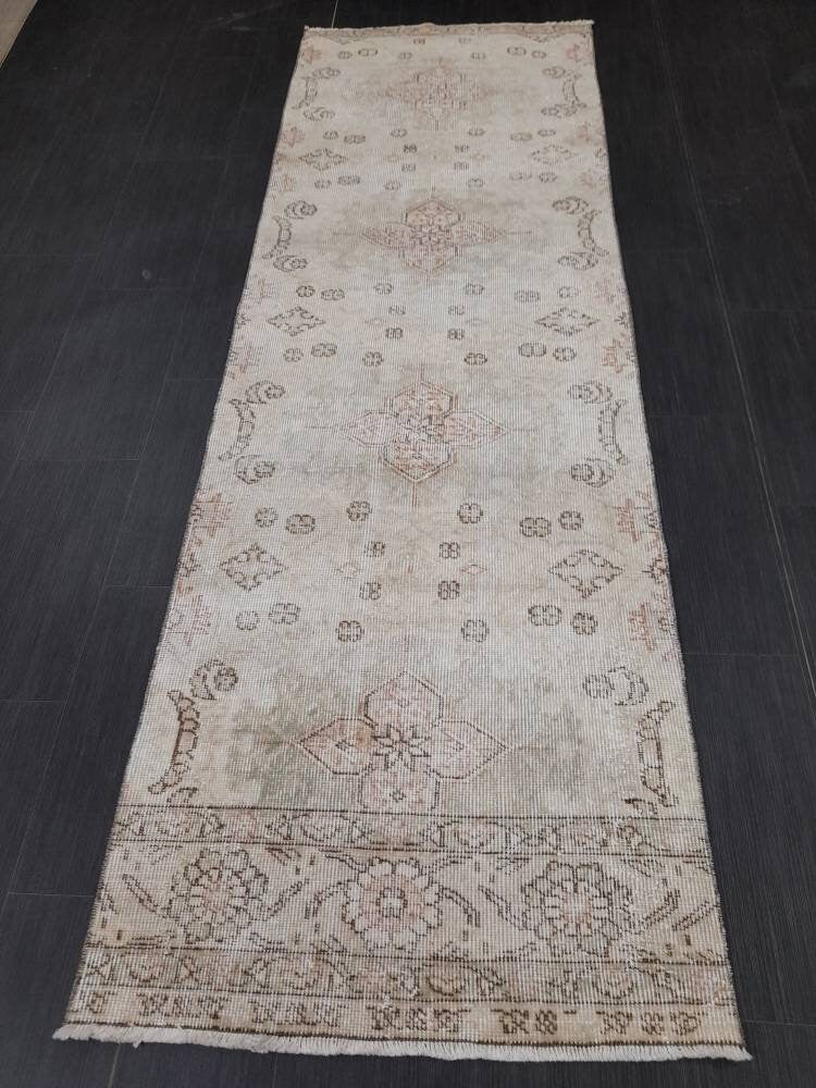 Beige Turkish Runner Rug 2' 9" x 8' 6" Hand-Knotted reverse