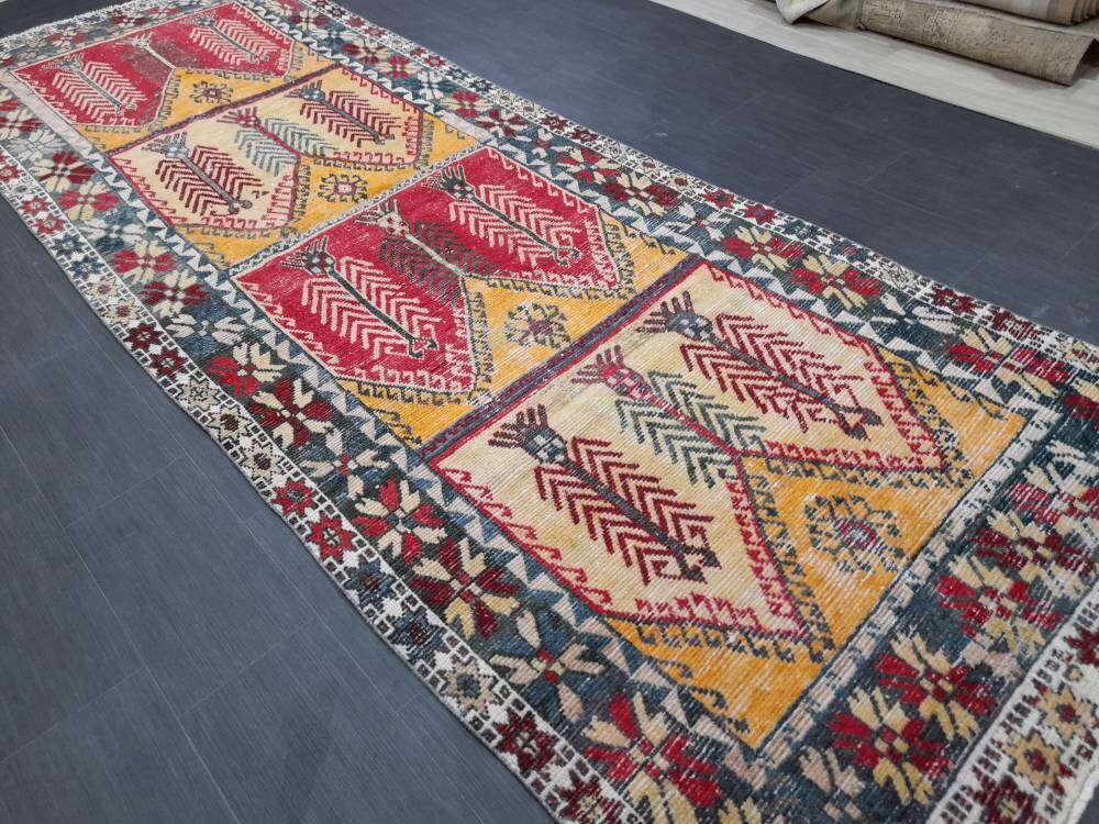 Rust Turkish Runner Rug 4' 6" x 12' 9" Hand-Knotted detail