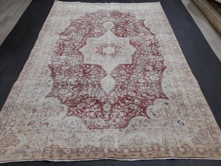 Red Turkish Oushak Rug 6' 7" x 9' Hand-Knotted detail