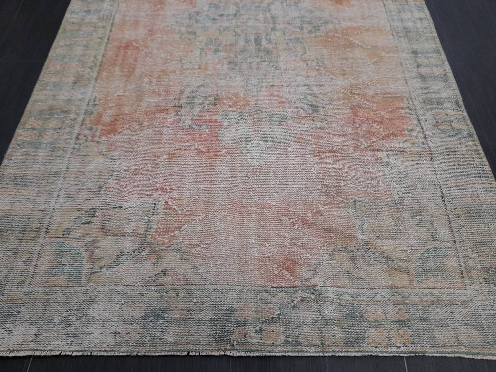 Orange Turkish Oushak Rug 5' 5" x 8' 10" Hand-Knotted detail