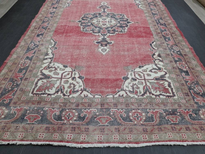 Red Turkish Oushak Rug 6' 8" x 10' 10" Hand-Knotted close-up