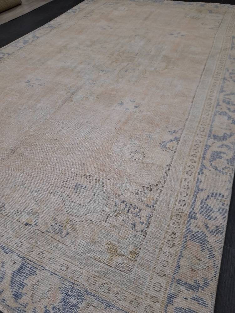 Beige Turkish Oushak Rug 6' 1" x 10' 3" Hand-Knotted reverse