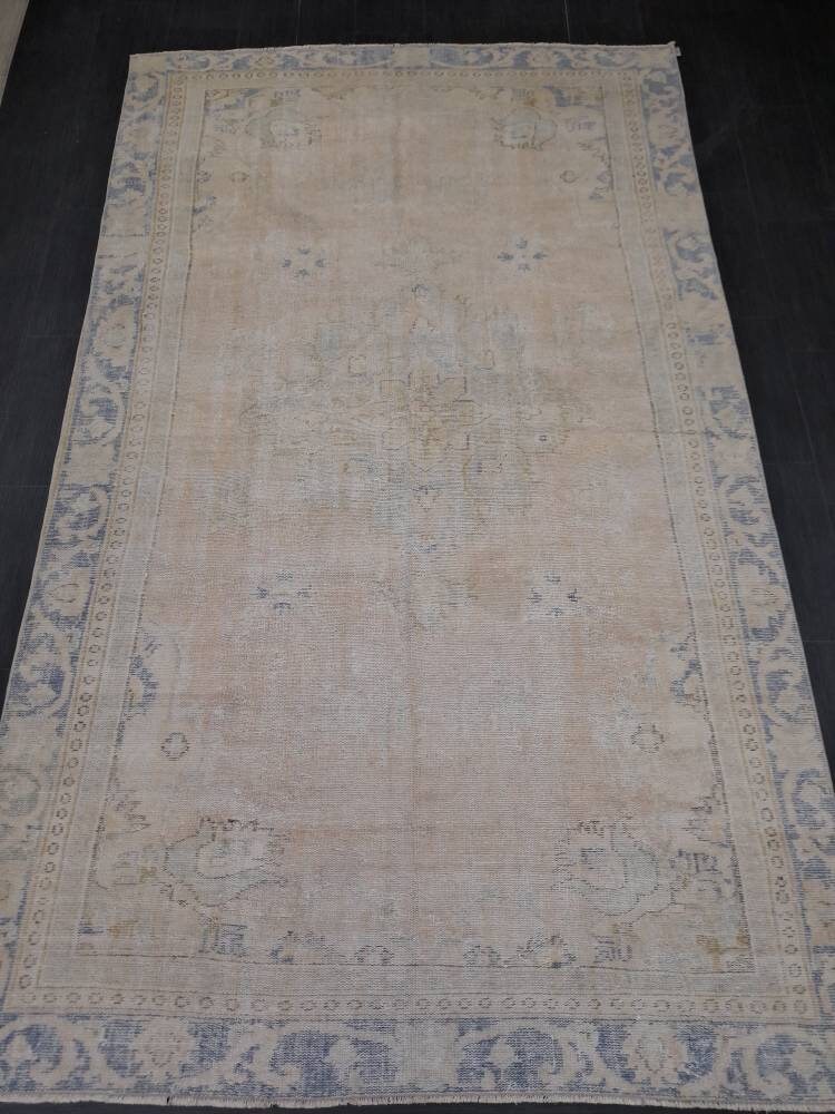 Beige Turkish Oushak Rug 6' 1" x 10' 3" Hand-Knotted field
