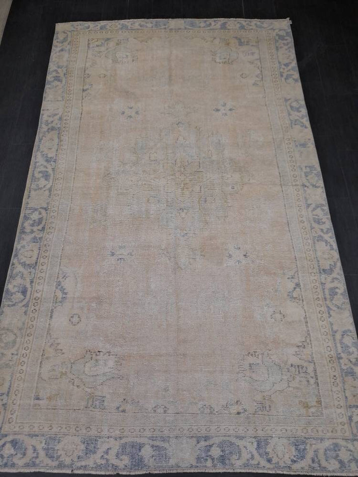 Beige Turkish Oushak Rug 6' 1" x 10' 3" Hand-Knotted field