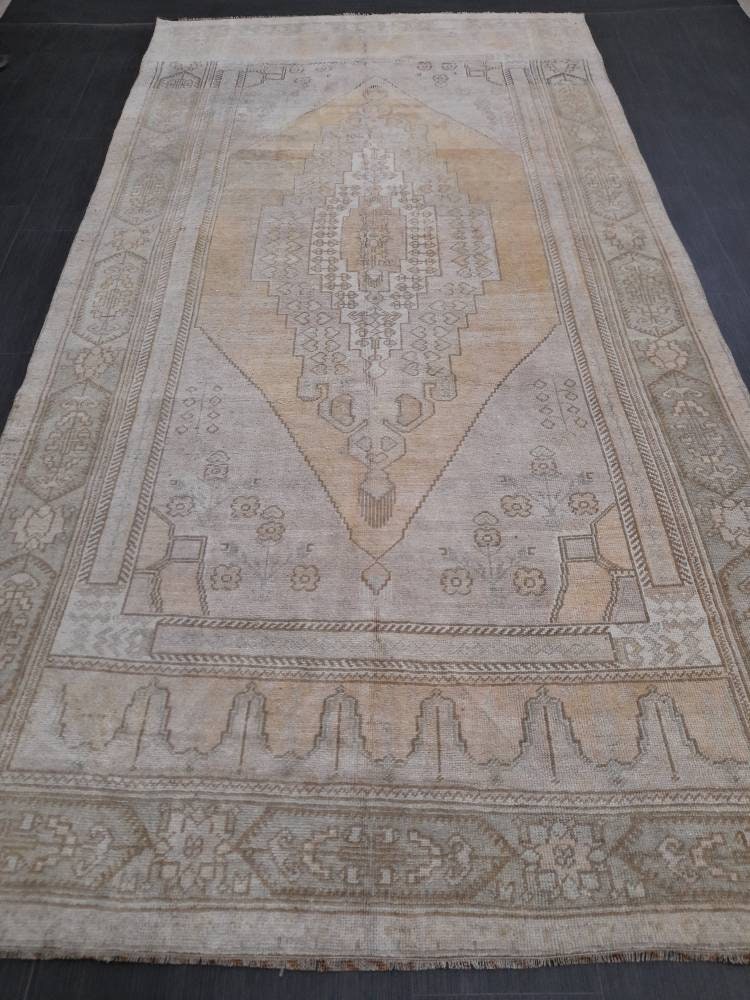 Beige Turkish Oushak Rug 5' 4" x 10' 4" Hand-Knotted field