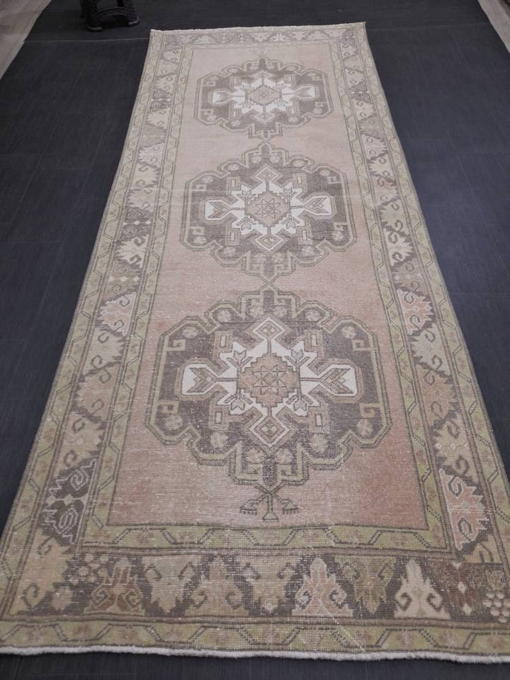 Tan Turkish Runner Rug 4' 3" x 11' Hand-Knotted detail