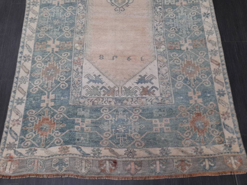 Beige Turkish Oushak Rug 3' 8" x 6' 7" Hand-Knotted reverse