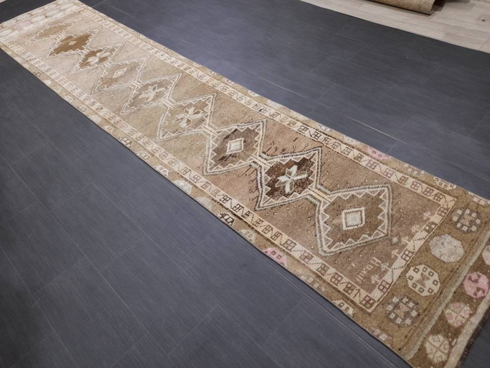 Beige Turkish Runner Rug 2' 8" x 13' 5" Hand-Knotted