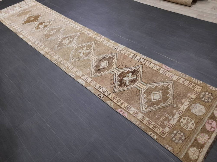 Beige Turkish Runner Rug 2' 8" x 13' 5" Hand-Knotted