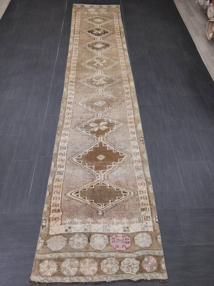 Beige Turkish Runner Rug 2' 8" x 13' 5" Hand-Knotted reverse