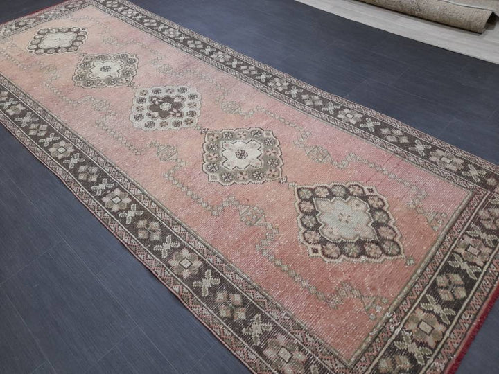 Pink Turkish Runner Rug 4' 2" x 11' Hand-Knotted