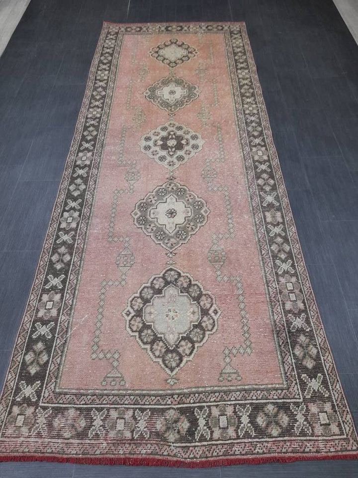 Pink Turkish Runner Rug 4' 2" x 11' Hand-Knotted pattern