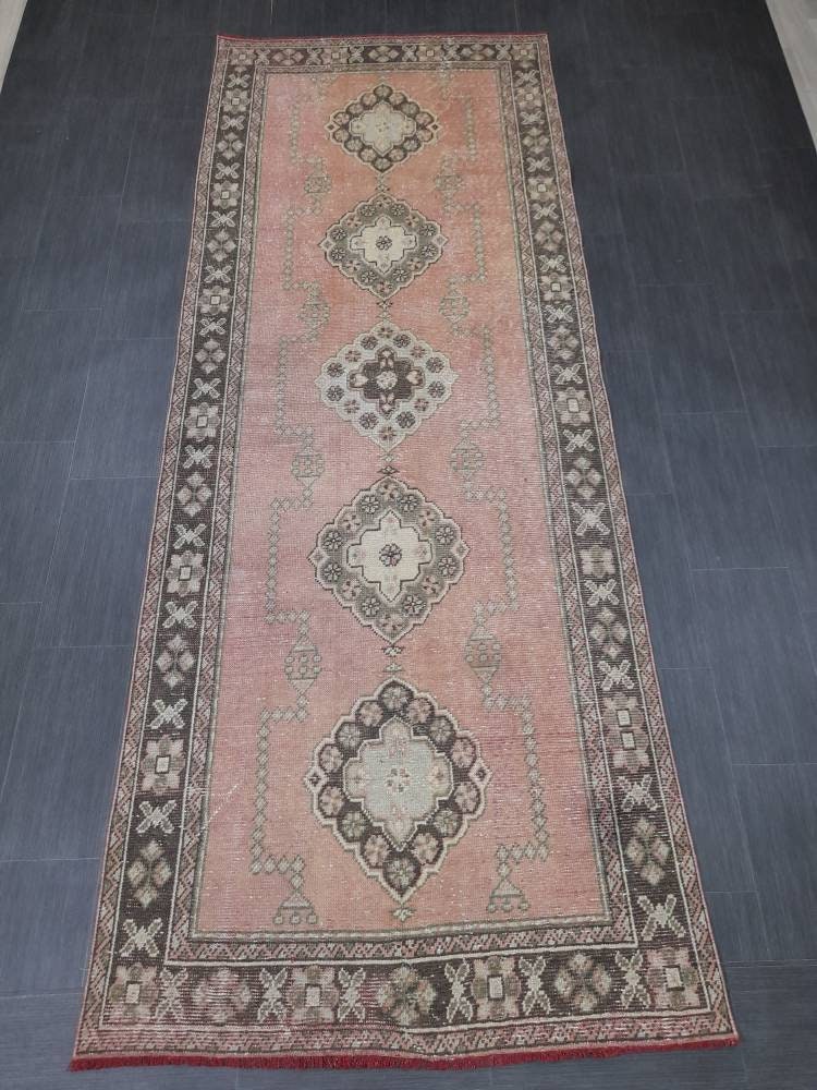 Pink Turkish Runner Rug 4' 2" x 11' Hand-Knotted close-up