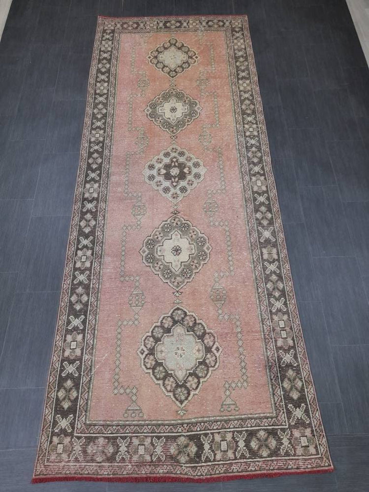 Pink Turkish Runner Rug 4' 2" x 11' Hand-Knotted close-up