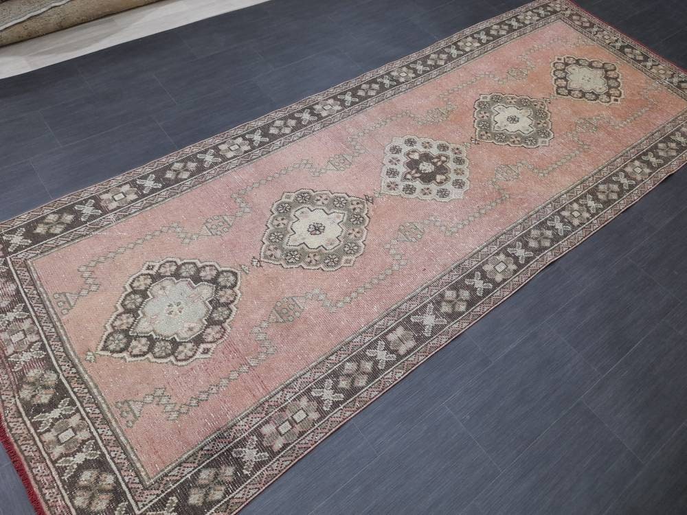 Pink Turkish Runner Rug 4' 2" x 11' Hand-Knotted reverse