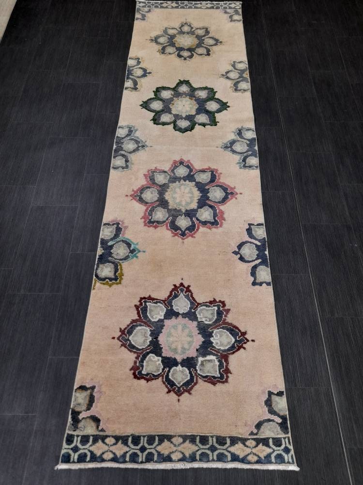 Beige Turkish Runner Rug 2' 8" x 10' 4" Hand-Knotted close-up