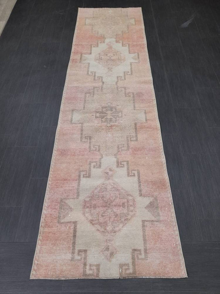 Beige Turkish Runner Rug 2' 10" x 10' 6" Hand-Knotted close-up