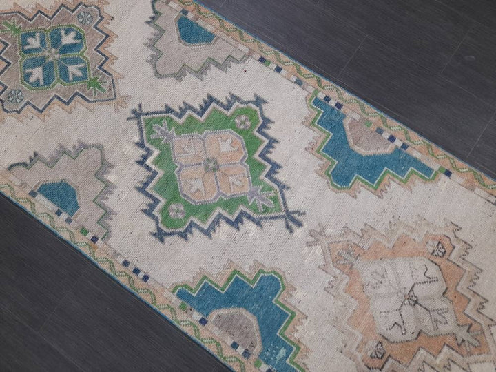 Beige Turkish Runner Rug 3' 1" x 10' 9" Hand-Knotted close-up