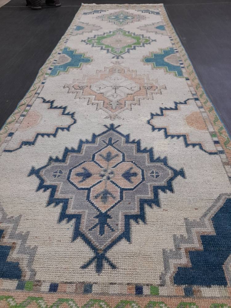Beige Turkish Runner Rug 3' 1" x 10' 9" Hand-Knotted field