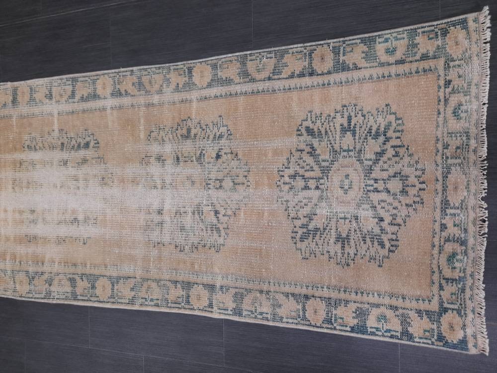 Beige Turkish Distressed Runner Rug 2' 7" x 10' 7" Hand-Knotted | No. WR75561